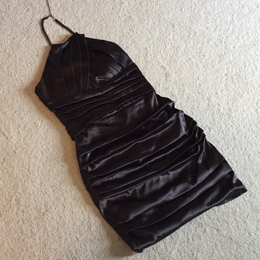 Me Chateau satin ruched halter dress.